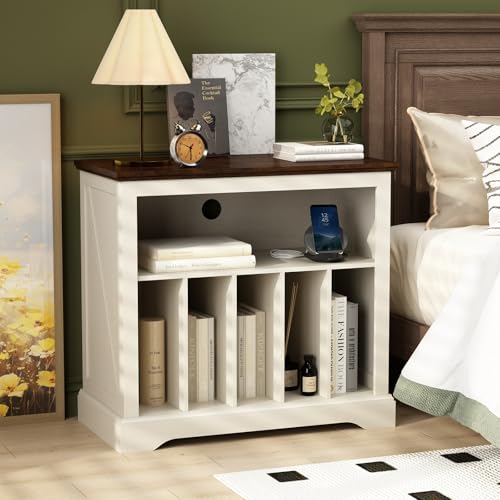 RowyPoey Large Farmhouse Record Player Stand, Turntable Stand with Vinyl Storage, Wood Record Holder Storage Cabinet Dispaly Shelf for Living Room, Bedroom, Office, Antique White RowyPoey