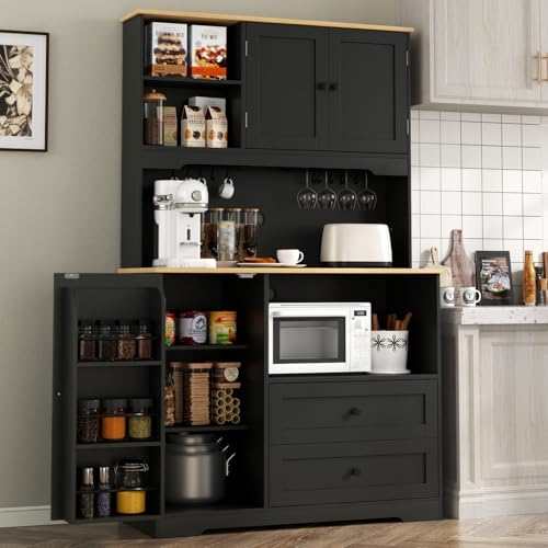 Kitchen Pantry Storage Cabinet,Freestanding Buffet Cabinet with Wine Glass Holder,Food Pantry Cabinet with Doors and Shelves,Tall Kitchen Hutch Cabinet with Microwave Stand for Kitchen (Black) Gyfimoie