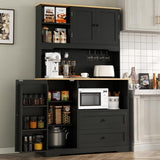 Kitchen Pantry Storage Cabinet,Freestanding Buffet Cabinet with Wine Glass Holder,Food Pantry Cabinet with Doors and Shelves,Tall Kitchen Hutch Cabinet with Microwave Stand for Kitchen (Black) Gyfimoie