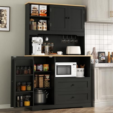 Kitchen Pantry Storage Cabinet,Freestanding Buffet Cabinet with Wine Glass Holder,Food Pantry Cabinet with Doors and Shelves,Tall Kitchen Hutch Cabinet with Microwave Stand for Kitchen (Black) Gyfimoie
