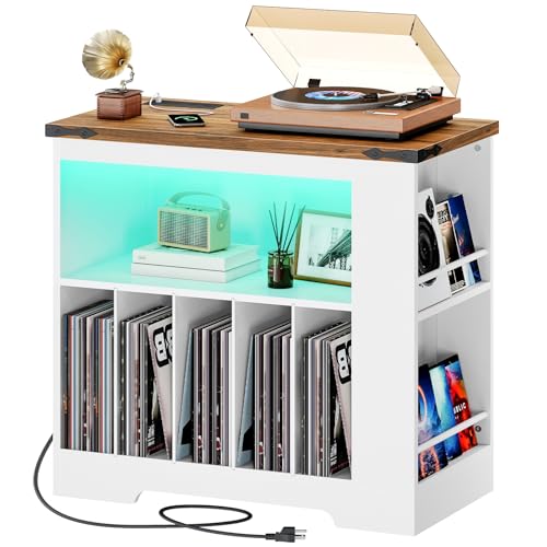 HOOBRO Large Record Player Stand with Charging Station & LED Lights, Vinyl Record Storage Table Holds up to 230 Albums, Turntable Stand with Display Shelf for Living Room, Walnut and White WH80UDRS01 HOOBRO
