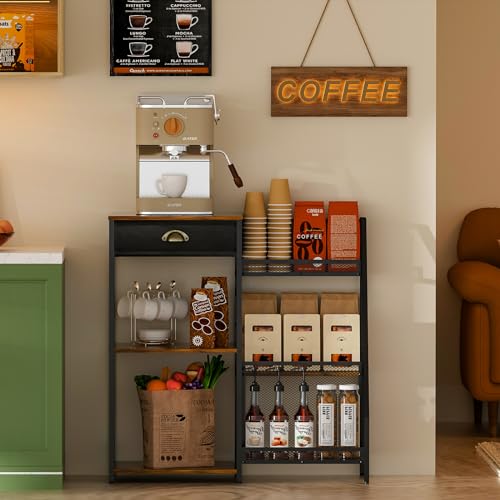 Rustic Brown Coffee Bar Cabinet with Drawer - 3-Tier Coffee Stand Station for Small Spaces