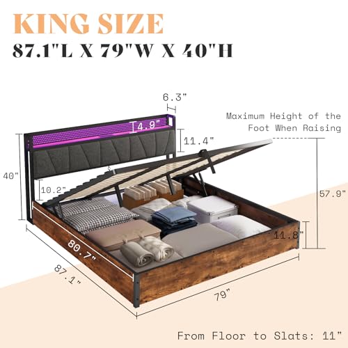 AMERLIFE King Size Lift Up Bed Frame with Linen Upholstered & LED Light & Storage Headboard, Platform Bed Frame with Charging Station, No Box Spring Needed, Noisy Free, Rustic Brown AMERLIFE