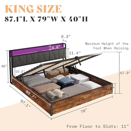 AMERLIFE King Size Lift Up Bed Frame with Linen Upholstered & LED Light & Storage Headboard, Platform Bed Frame with Charging Station, No Box Spring Needed, Noisy Free, Rustic Brown AMERLIFE