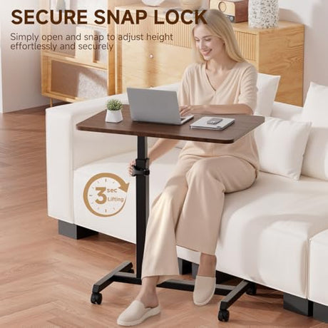 GTPLAYER Small Standing Desk, 24 Inches Mobile Foldable Rolling Laptop PC Table with Lockable Casters, Adjustable Height Overbed Bedside Table Computer Workstation for Home Office, Walnut GTPLAYER