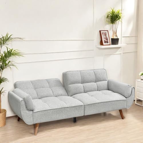 Trygoal Convertible Futon Sofa Bed, Modern Futon Couch with 2 Pillows, Small Futons Couch with Adjustable Armrest & Backrest, Loveseat Sofa Bed for Living Room, Bedroom, Gray Trygoal