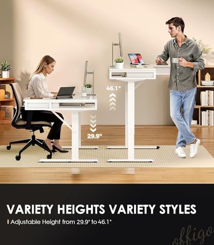 OffiGo 63 Inch L Shaped Electric Standing Desk with Drawers, Height Adjustable Large Desk with Power Outlets, Sit Stand Table, Writing Computer Desk for Home, Office, Workstation,White OffiGo