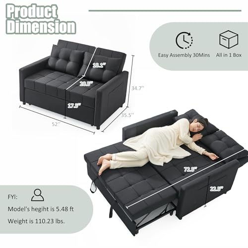 GOSUHI 52" Sleeper Sofa with Pull-Out Bed, 3-in-1 Convertible Sofa Bed, Set of Loveseat with Stepless Adjustable Backrest and Side Pocket, for Living Room Dorm Apartment, Linen, Black GOSUHI