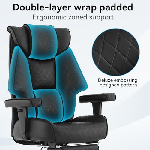 EXCEBET Big and Tall Office Chair with Footrest, PU Leather High Back Executive Office Chair 400lbs, Ergonomic Computer Chairs Lumbar Support for Heavy People (All Black) EXCEBET