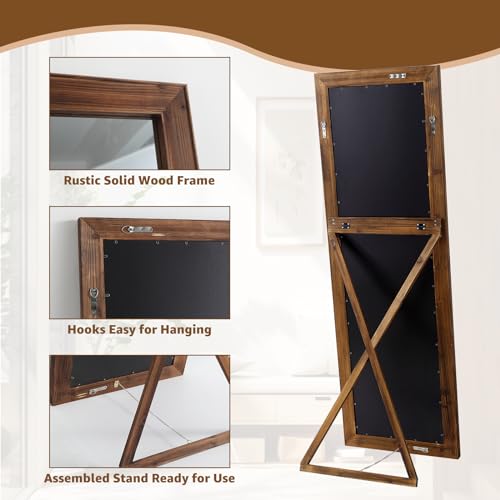 MELOMOIR Rustic Farmhouse Full Length Mirror, 64"x21" Wood Frame Floor Mirror, Free Standing Mirror Leaning Hanging Mirror, Long Mirror for Bedroom Living Room Cloakroom, Wood - WoodArtSupply