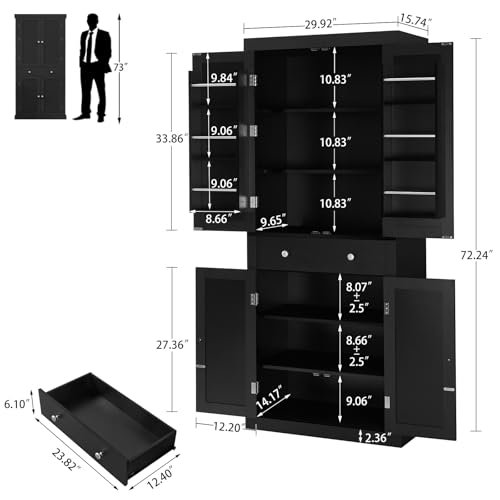 FIONESO 72” Pantry Cabinet, Tall Storage Cabinet with 6 Hanging Shelves & 1 Large Drawer, Kitchen Pantry Cabinet with Adjustable Shelf, for Dinging Room, Living Room, Black FIONESO
