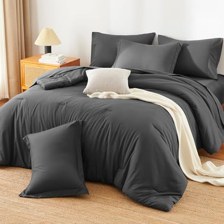 HIMEET Full Size Comforter Sets - 7 Pieces Bed in a Bag Full, Luxury Comforter Set with Sheets for All Season, Bed Set with Comforter, Flat Sheet, Fitted Sheet, Pillowcases & Shams, Dark Grey HIMEET