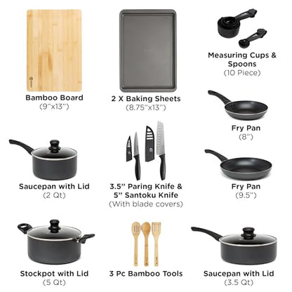 Ecolution Easy Clean Ceramic Nonstick Cookware Set, Dishwasher Safe Kitchen Pots and Pans Set, Comfort Grip Handle, Even Heating, Ultimate Food Release, 26-Piece, Black