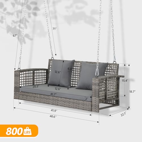 VINGLI 4 FT Rattan Porch Swing Outdoor Support 800 LBS with Cushions & Adjustable Chains, Patio Wicker Swing Bench Chair for Garden, Yard, Lawn, Tree, Grey VINGLI