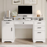 MaverickFurni Executive Desk with Hutch, 58 Inch White Computer Desk with 5 Drawers, Home Office Desk with Storage, Rustic Desk with Adjustable Shelves and Storage Cabinet for Bedroom MaverickFurni
