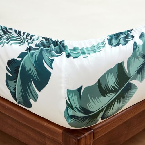 HENGWEITEXT Full Sheet Set, 4 Piece Bed Sheets for Full Size Bed Set, 17 Inch Sheets Deep Pocket, Soft and Breathable Microfiber, Wrinkle Free, Tropical Palm Tree Fronds Patterned Double Bedding HENGWEITEXT