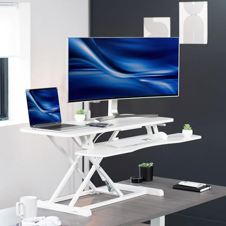 VIVO 42 inch Desk Converter, K Series, Height Adjustable Sit to Stand Riser, Dual Monitor and Laptop Workstation with Wide Keyboard Tray, White, DESK-V042KW VIVO
