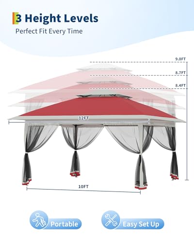 Canopy Tent 12x12 ft, Pop Up Gazebo One-Push Setup with 4 SandBags for Backyard Parties and BBQs, Mosquito Netting & Height Adjustable - Red GarveeLife