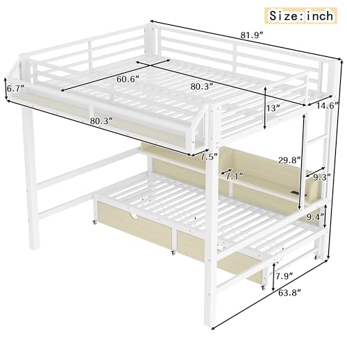 Bellemave Queen Over Queen Bunk Bed Frame with Storage Shelves & Drawers, Metal Bunk Bed Queen Over Queen with Charging Station & LED Lights, Space-Saving Beds Frame Convertible to Sofa Design, White Bellemave