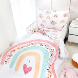 Toddler Bedding Sets for Girls, Rainbow Toddler Crib Bedding Set 4 Piece Pink Floral Toddler Comforter Set Includes Flat Top Sheet, Fitted Sheet, Comforter, Envelope Pillowcase, Soft & Comfort Pea Pod