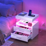 WelFurGeer High Glossy Night Stand, White LED Night Stand with Charger Station, Bedside Table with Drawers, Modern Nightstands, Wood Small Nightstand, Nightstands with Drawers for Bedroom WelFurGeer