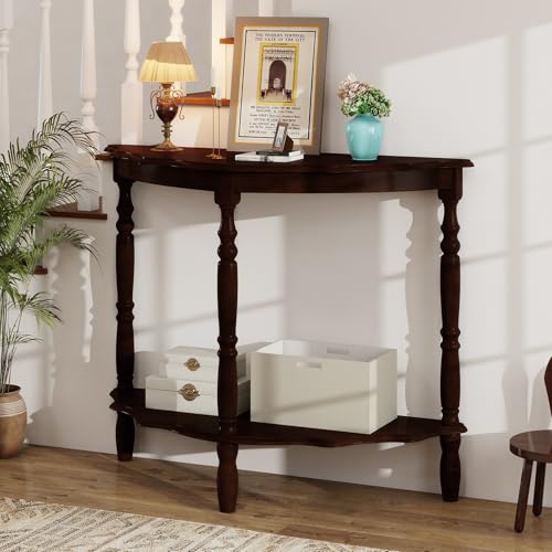 Giantex 42" Half Moon Console Table, 2-Tier Semi-Circle Entryway Table with Storage Shelf & Carved Rubber Wood Legs, Vintage Round Curved Sofa Tables for Living Room, Hallway, Entrance Giantex