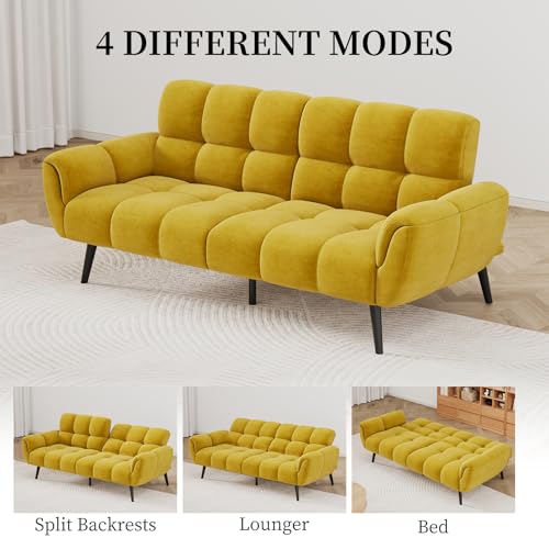HIPIHOM Convertible Futon Sofa Bed, 76.77" Modern Linen Futon Couch, Comfy Sleeper Sofa with Adjustable Backrests, Couch Bed for Small Spaces, Living Room, Bedroom, Apartment, Yellow HIPIHOM