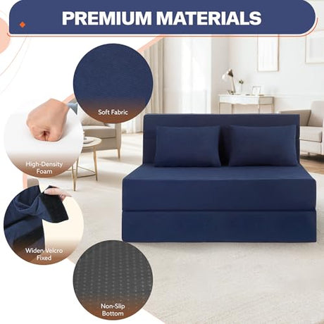 Fvkind Folding Sofa Bed, 4 in 1 Convertible Sleeper Sofa Bed Chair with Pillow, Twin Memory Foam Loveseat Futon Sleeper Chair, Foldable Futon Couch for Living Room, Bedroom, Guest Room, Blue Fvkind
