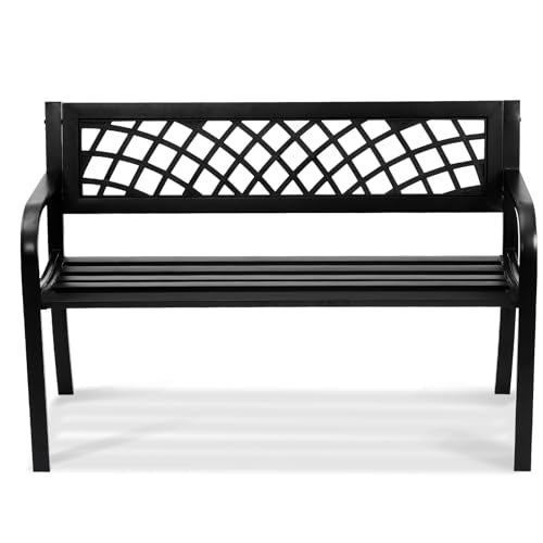 VEVOR Outdoor Bench, 46" Iron Steel Frame Garden Park Bench with Mesh Pattern and Plastic Backrest Armrests, Patio Bench for Garden, Park, Yard, Front Porch VEVOR