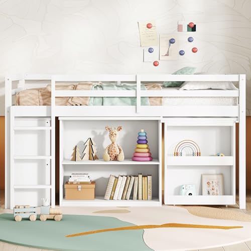 KEIKI Twin Loft Bed with Pull-Out Desk, Drawers & Open Shelves, Wooden Bed Frame with Guardrail, Low Design for Kids, White KEIKI