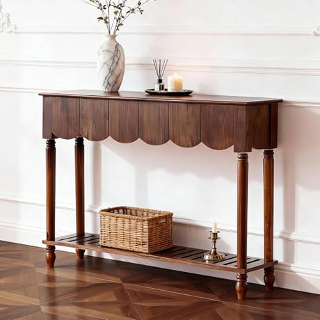 UACSYBH Wood Scalloped Console Table with 3 PCS Drawers, Narrow Entryway Table with Storage Shelf, Mid-Century Hallway Accent Table, Behind Couch Sofa Table Space-Saving (46.4" - 3 Drawers) UACSYBH