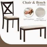 LUXOAK 6-Piece Solid Wood Dining Table Set, Upholstered Chair w/Bench Seat, Seating for 6, 60'' Farmhouse Wood Kitchen Chairs Set for Living Room, Dining Room, Brown & Black Finish LUXOAK