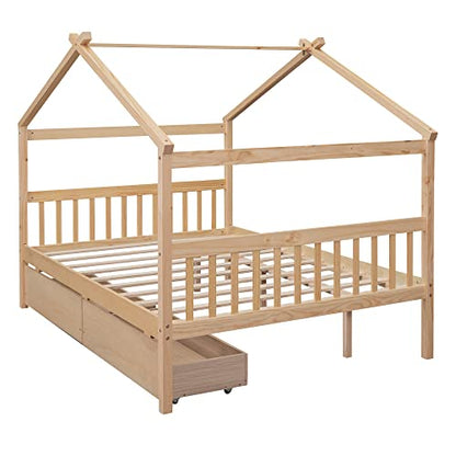 BOVZA Full Size Wooden House Bed with Storage Drawers for Kids - Natural Montessori Design