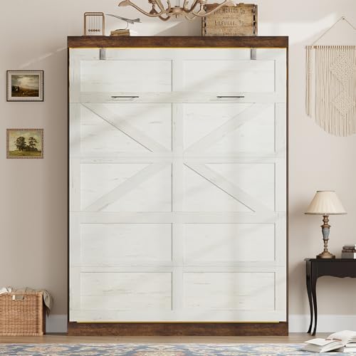 Hlivelood Full Size Murphy Bed with 2 LED Lights, Farmhouse Wood Hidden Foldable Wall Bed Frame w/Gas Struts, Storage Bed Cabinet for Bedroom, Office, Space-Saving, No Box Spring Needed, Rustic White Hlivelood