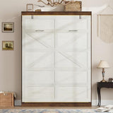 Hlivelood Full Size Murphy Bed with 2 LED Lights, Farmhouse Wood Hidden Foldable Wall Bed Frame w/Gas Struts, Storage Bed Cabinet for Bedroom, Office, Space-Saving, No Box Spring Needed, Rustic White Hlivelood