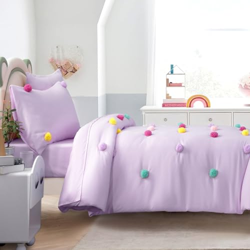 HOMBYS Pom Poms Bedding Comforter Set for Girls, 5 Piece Purple Boho Kids Comforter Set for All Season，Twin/Twin XL Size HOMBYS