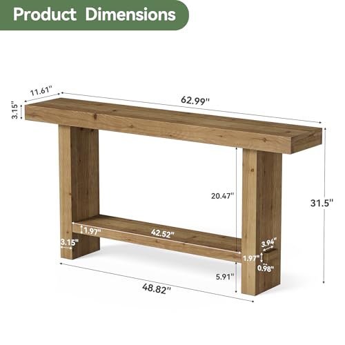TRIBEWOOD 63-Inch Solid Wood Console Table, 2-Tier Narrow Farmhouse Entryway Table for Hallway, Entrance, Living Room, Behind The Couch,Brown TRIBEWOOD