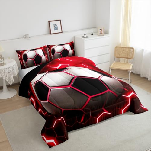 Erosebridal Football Bedding Comforter Sets for Boys Soccer Bedding Sets Full,Red Neon Light Decor Duvet Insert Modern Style Glowing Honeycomb Quilted Comforter 3Pcs,Sports Themed Bedroom Decor Erosebridal