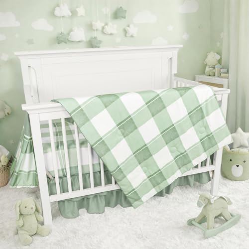 HNHUAMING 4-Piece Crib Bedding Set for Girls Boys, Baby Crib Bedding Set for Newborn & Infant, Neutral Nursery Bed Set Includes Comforter, Fitted Sheet, Crib Skirt, and Diaper Stacker, Green Checkered HNHUAMING