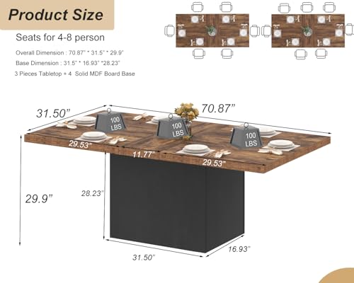 HSH Dining Table for 6 to 8, 71” Wood Rectangular Dinner Table, 6 ft Industrial Kitchen Table only with Black Pedestal, Modern Large Dining Room Table for Home Gathering Office, Rustic Brown, 71 Inch HSH