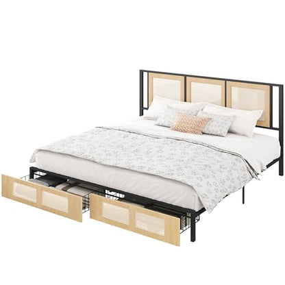 YITAHOME Natural Rattan King Bed Frame with Wooden Headboard and 2 Storage Drawers Underneath, Boho Cane Bed Platform Bed with Metal Slat, Noise Free, No Box Spring Needed