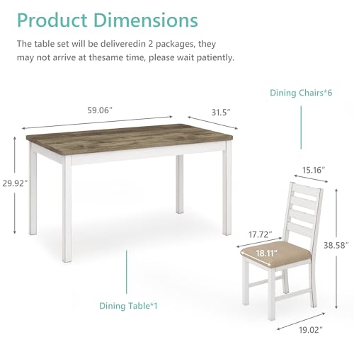ROCSUMOO Farmhouse Dining Table Set for 6 Person, 59" Kitchen Table Set with 6 Upholstered Chairs, White Rectangular Dinner Room Table & Chairs Set Rustic Wood Stable (6 Chairs) ROCSUMOO