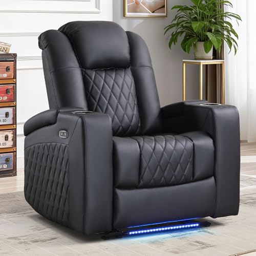 ANJ Home Theater Seating Power Recliner with Hidden Arm Storage, Faux Leather Recliners with LED Light, Electric Movie Reclining Chairs with USB Ports & Cup Holders for Media Living Room, Black