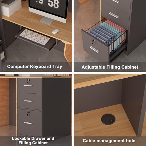 Zethvax L-Shaped Reception Desk,Large Front Desk with Keyboard Tray, Lockable Drawers & File Cabinet, Receptionist Desk for Checkout,Lobby (Right L-Natural Wood/Slate Gray, 71''L x 23.6''W x 41.3''H) Zethvax