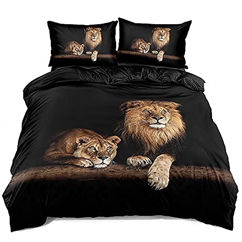 Holiyjog Lion Duvet/Quilt Cover Sets Black Linens Bed Pillow Shams King Queen Twin Full Size Boys Kids Animal Bed Set Home Textile (Queen, 004) Holiyjog