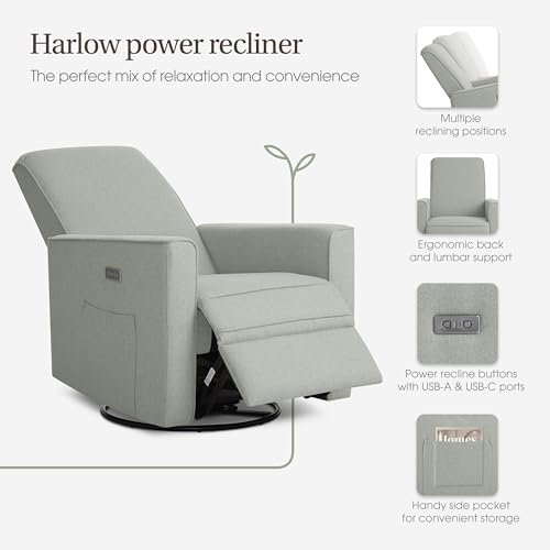 évolur Harlow Upholstered Power Glider Recliner with USB Charging – Rocking & 275° Swivel with Smooth Glide – Greenguard Gold & FSC Certified – Modern Nursery and Living Room Chair in Light Grey