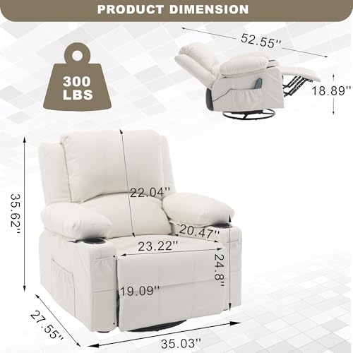 linting Leather Swivel Rocker Recliner Chair with Massage and Heat Overstuffed Manual Recliner Chairs with Cup Holders, Beige Rocking Glider Chairs