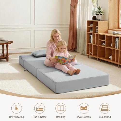 BeBen Folding Sofa Bed, Boneless Foldable Chair Bed, Convertible Futon Sleeper Chair Couch, Twin Lazy Floor Lounger Sofa Couch for Small Spaces, Dorm, Guest Room, Living Room, Apartment, Grey BeBen