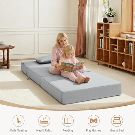 BeBen Folding Sofa Bed, Boneless Foldable Chair Bed, Convertible Futon Sleeper Chair Couch, Twin Lazy Floor Lounger Sofa Couch for Small Spaces, Dorm, Guest Room, Living Room, Apartment, Grey BeBen