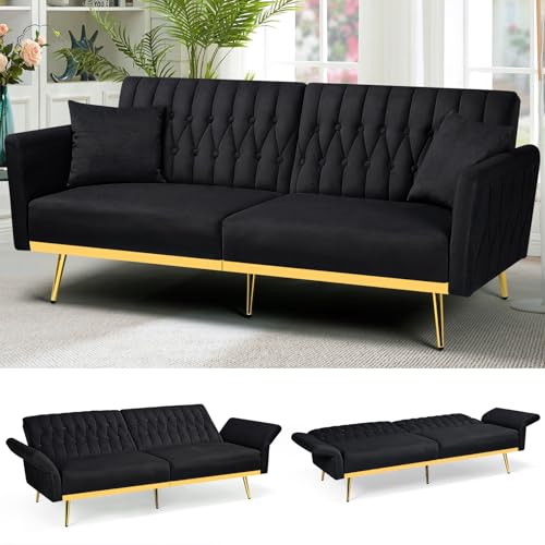 ACMEASE 70” Velvet Futon Sofa Bed with 2 Pillows and Adjustable Armrests, Convertible Sleeper Bed W/Adjustable Backrests, Modern Loveseat for Living Room, Bedroom, Black ACMEASE